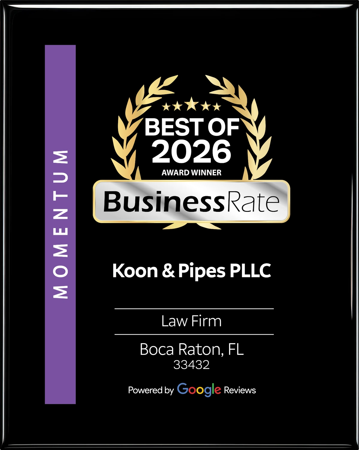 Best of 2026 BusinessRate Award Winner plaque for Koon & Pipes PLLC